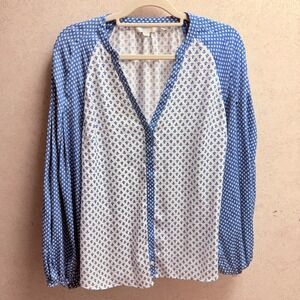 Boden 14 Womens Boho Balloon‎ Blue White Floral Long Sleeve Button Down Blouse